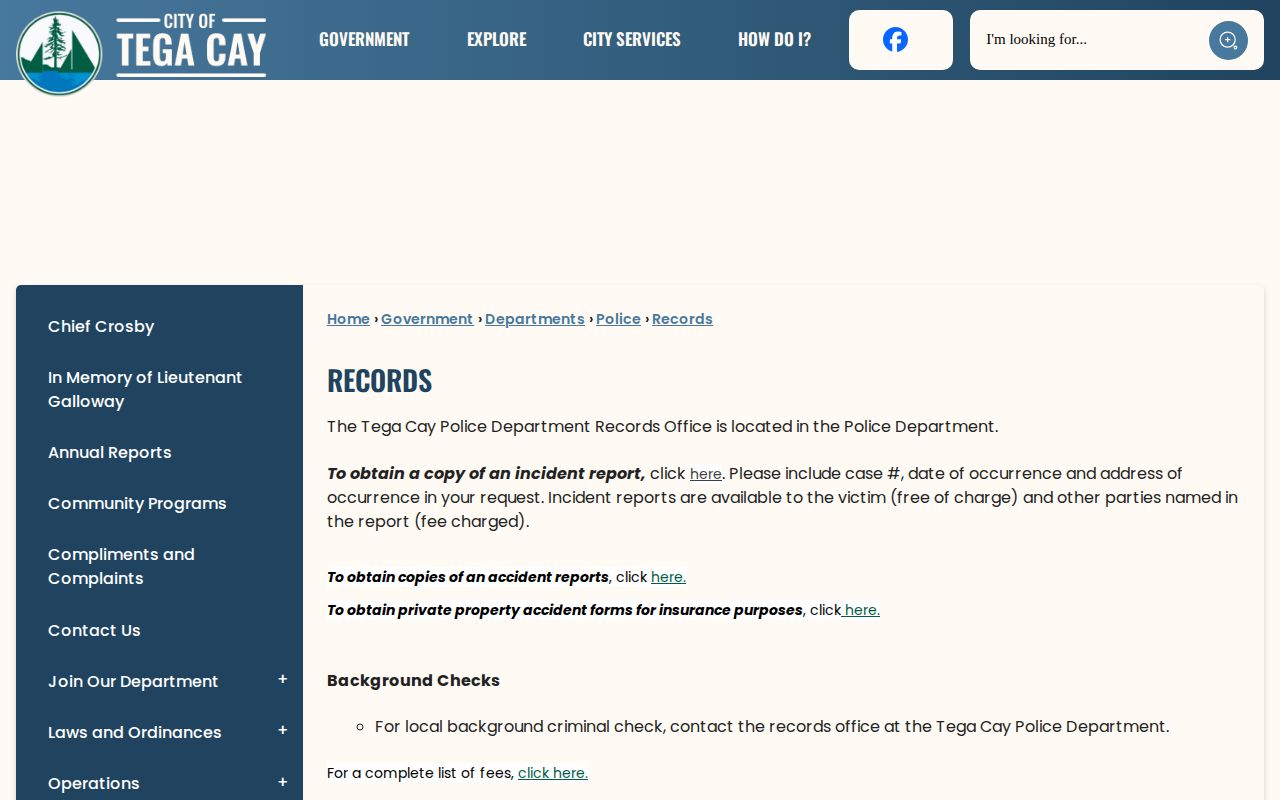 Tega Cay Police Department records page for Tega Cay booking and arrest records