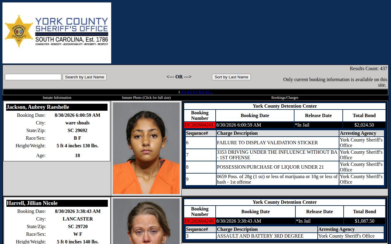 York County current-custody booking roster search interface
