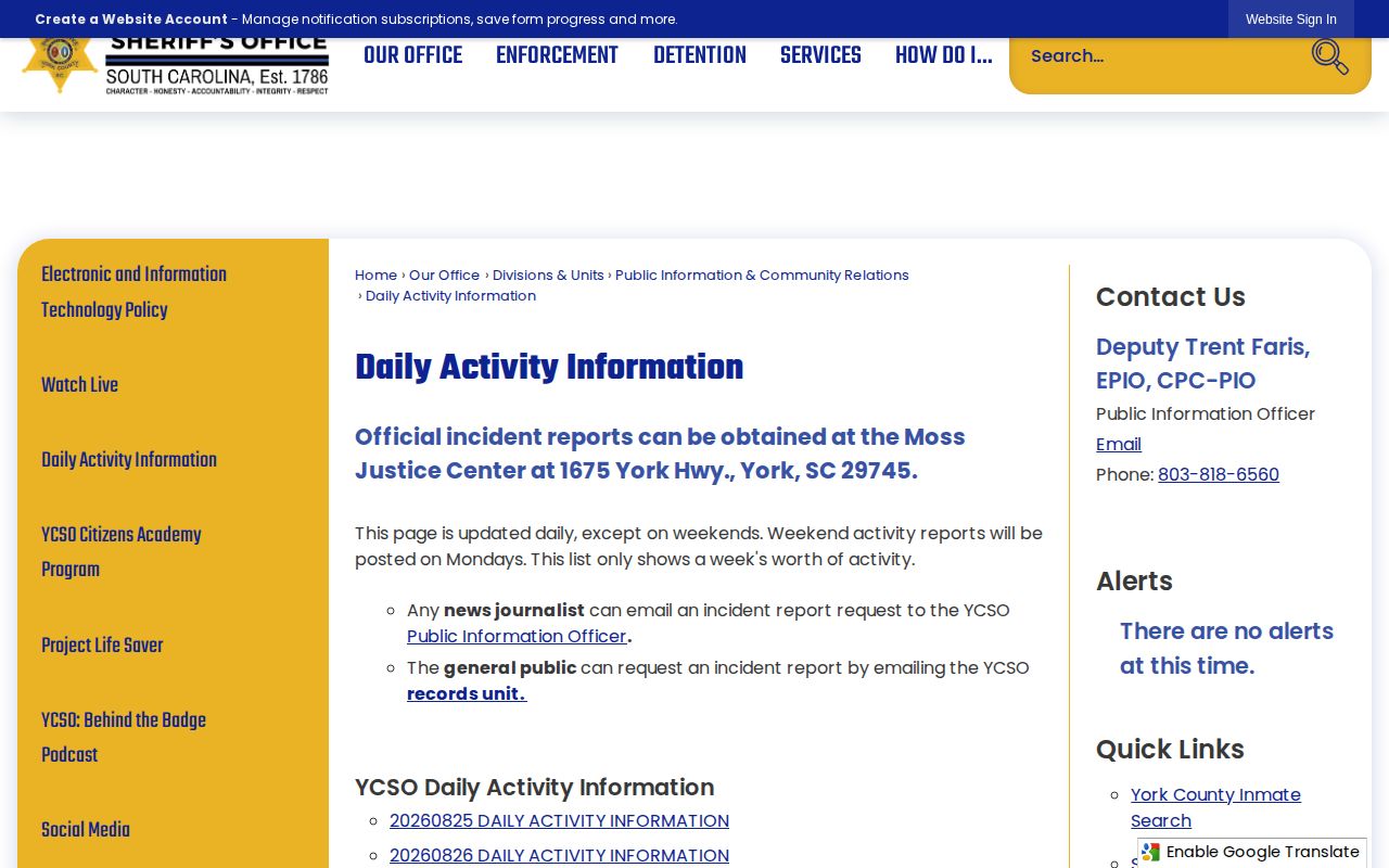 York County official daily activity incident record index